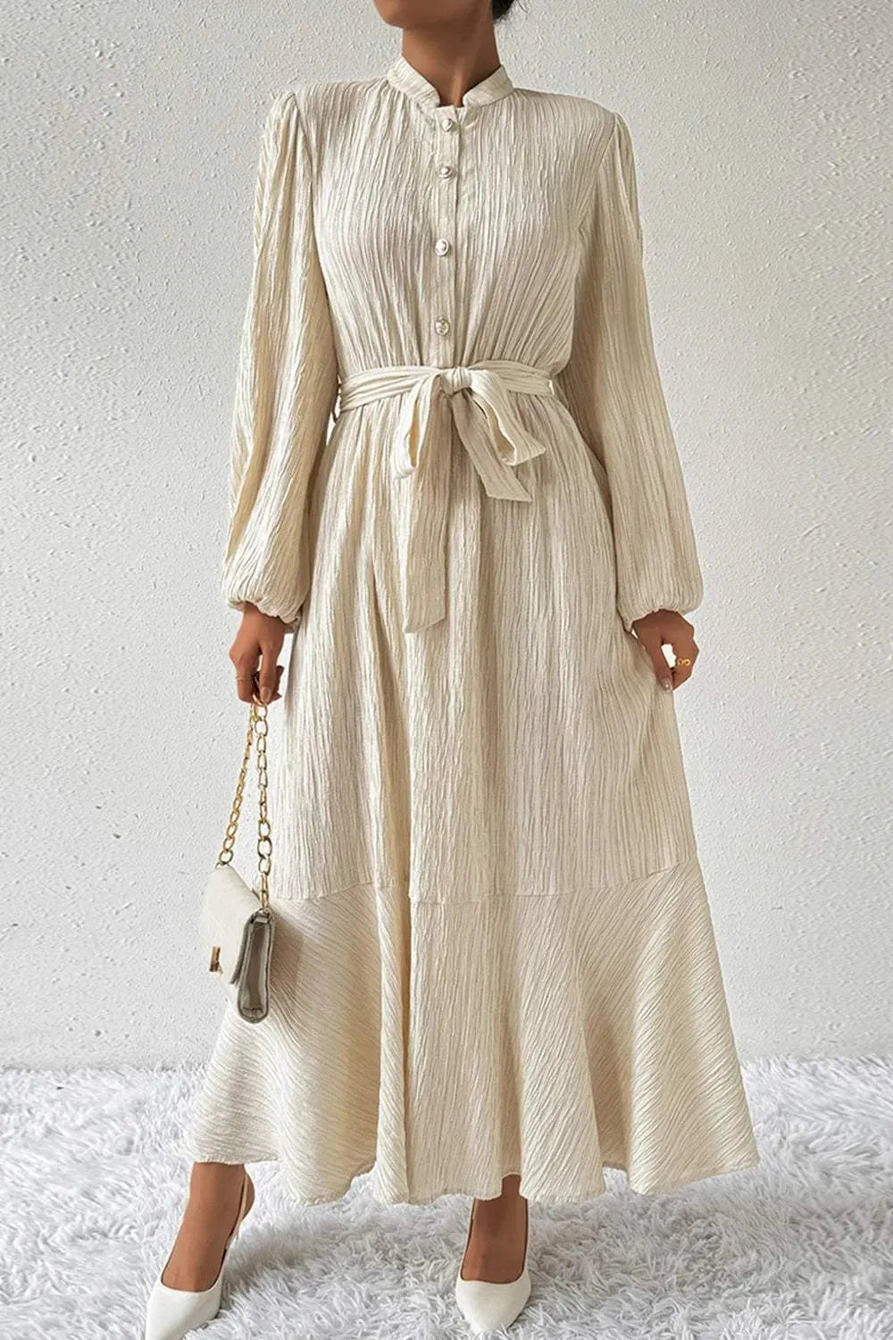 Tied Button Up Balloon Sleeve Dress Beige Casual Dresses - Tophatter Daily Deals